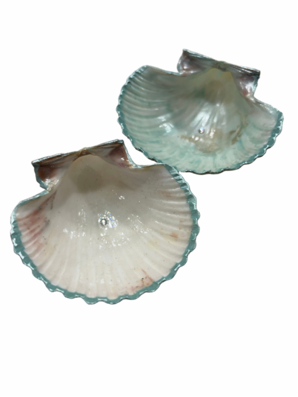 Hand Painted Seashell Ring Dishes Set of 2 Aqua Teal Shimmer Gem Coastal Decor